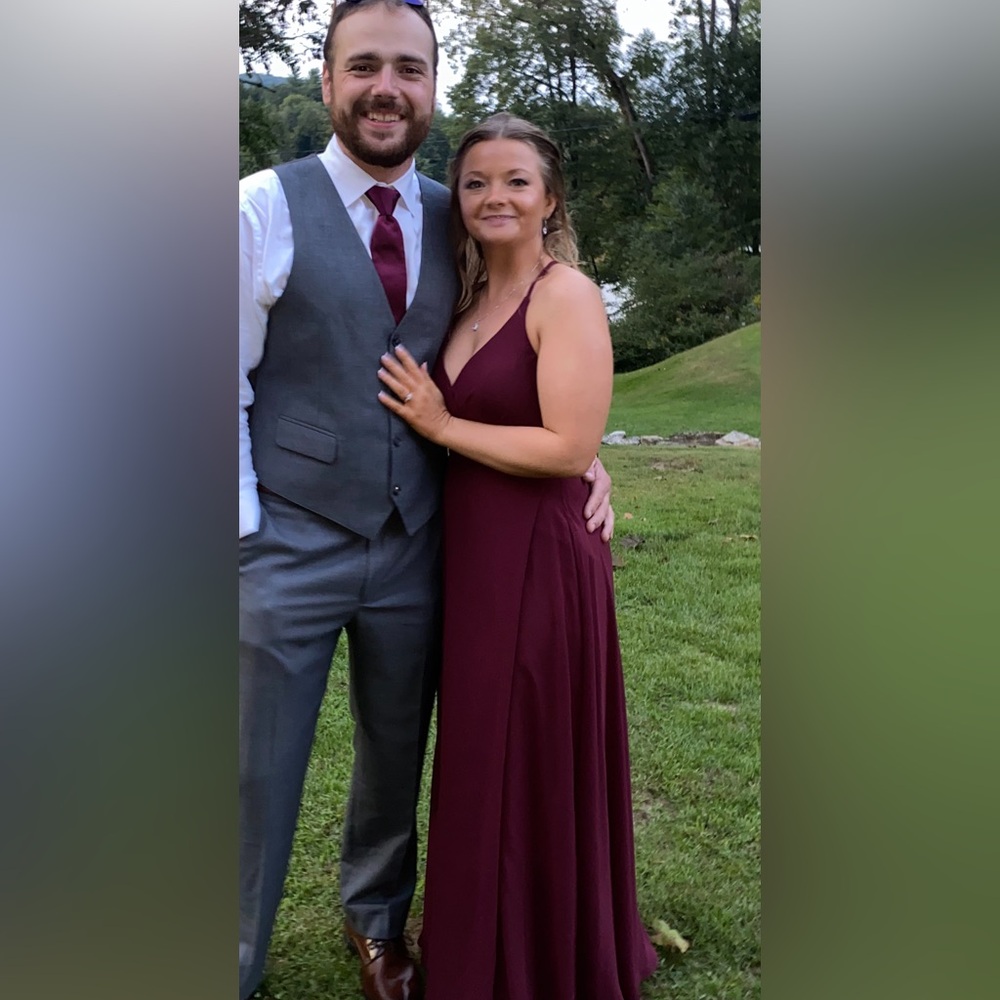 Azazie Burgundy V-Neck Spaghetti Strap Wedding Dress